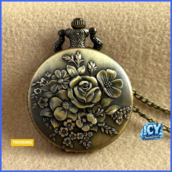 Vintage Quartz Pocket Watch with Bronze Case Rose Pattern Necklace Chain main image 5